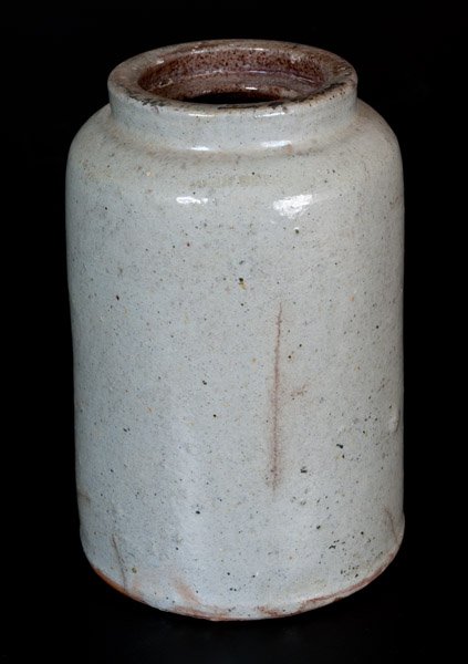 JOHN BELL, Waynesboro, PA Celadon-Glazed Stoneware: Celadon-Glazed Stoneware Canning Jar, Stamped "JOHN BELL", Waynesboro, Pennsylvania origin, circa 1840-1880, cylindrical jar with rounded shoulder and inset rim designed to hold a lid, the surface cov