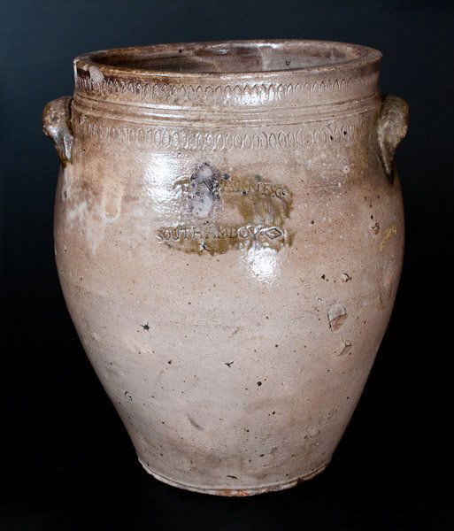 Rare T WARNE. Co / SOUTH AMBOY Four-Gallon Stoneware: Rare Four-Gallon Stoneware Jar with Coggled and Brushed Foliate Decorations, Stamped "T WARNE. Co / SOUTH AMBOY," New Jersey, circa 1797-1805, ovoid jar with footed base, tooled shoulder, and applied