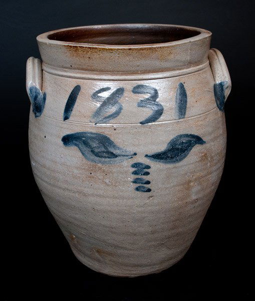 Unusual Stoneware Jar Dated 1831, Old Bridge, NJ Origin: Unusual Cobalt-Decorated Stoneware Jar, Dated 1831, Old Bridge, NJ origin, possibly Bissett Family, 1831, ovoid jar with tooled shoulder, flared rim, and ribbed lug handles, decorated with a brushed d