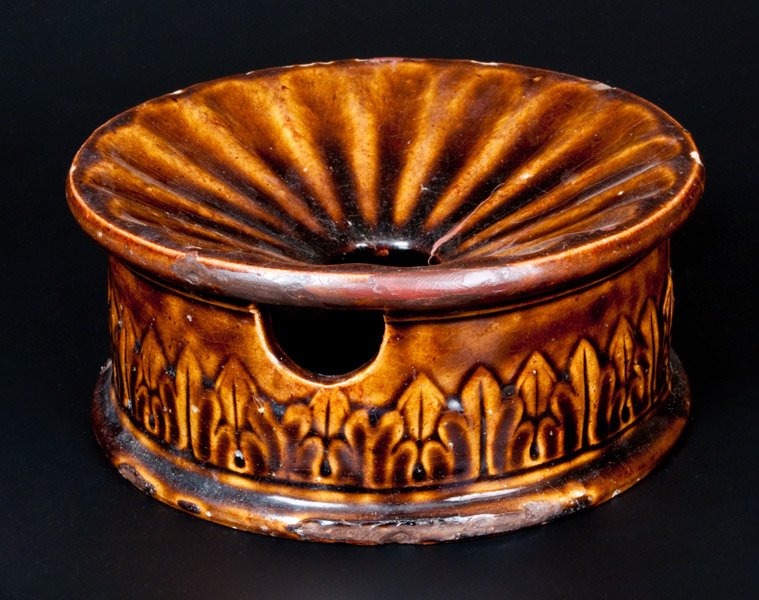 Rare E. L. FARRAR / BURLINGTON, VT Rockingham Ware: Rare Rockingham-Glazed Spittoon, Stamped "E.L. FARRAR / BURLINGTON, VT.," mid 19th century, molded circular form with relief acanthus leaf decoration and brown-glazed surface. Underside impressed with