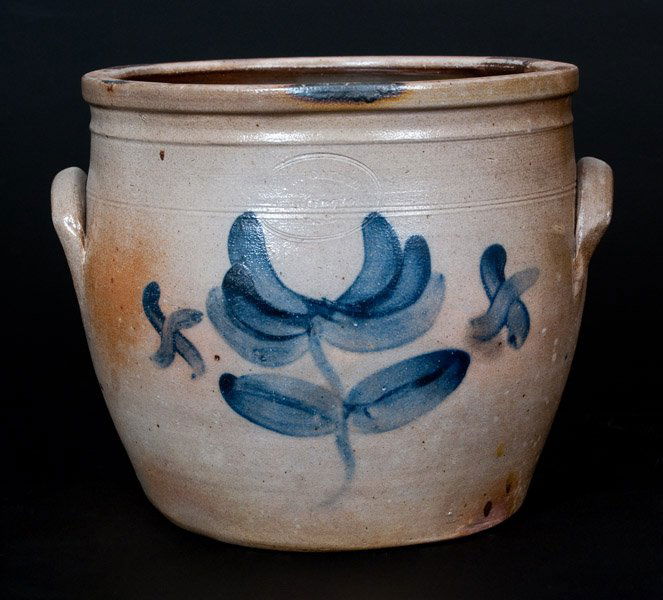 Scarce F. J. CAIRE / Huntington / L.I. Stoneware Jar: Scarce One-Gallon Stoneware Jar with Cobalt Floral Decoration, Stamped "F.J. CAIRE / Huntington / L.I.," circa 1854-1863, squat-shaped, ovoid jar with tooled shoulder, squared rim, and applied lug han