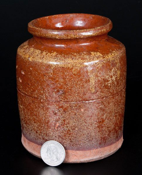 Small Redware Jar Inscribed "Yorktown / Nov. 4, 1918": Unusual Diminutive Glazed Redware, Incised on Underside "Yorktown / Nov. 4, 1918", cylindrical jar with tooled midsection and semi-rounded rim, the surface covered in a clear lead glaze with crude yel