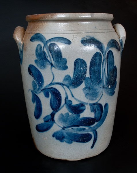 Stoneware Jar with Elaborate Cobalt Floral Decoration: Five-Gallon Stoneware Jar with Elaborate Cobalt Floral Decoration, Beaver, PA origin, circa 1865, cylindrical jar with tooled shoulder, semi-squared rim, and applied lug handles, decorated with a bold