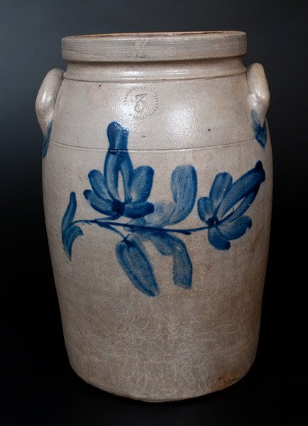 Western PA Three-Gallon Stoneware Jar w/ the Cobalt: Three-Gallon Stoneware Jar with the Cobalt Floral Decoration, Western PA origin, circa 1865, semi-ovoid jar with tooled shoulder, squared rim, and applied lug handles, decorated with a brushed vine de