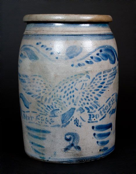 Scarce "Star Pottery" (Hamilton & Jones) Stoneware Jar: Scarce Two-Gallon Stoneware Jar with Freehand Cobalt Decoration and Stenciled Eagle Design, Stenciled "Star Pottery," Hamilton & Jones, Greensboro, PA origin, circa 1875, cylindrical jar with tooled s
