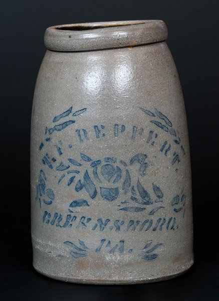 T.F. REPPERT. / GREENSBORO. PA Stoneware Canning Jar: Cobalt-Decorated Stoneware Canning Jar, Stenciled "T.F. REPPERT. / GREENSBORO. PA.," circa 1880, tapered jar with rounded wax sealer rim, featuring T.F. Reppert maker's stenciling, a central stenciled