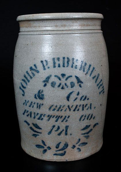 Scarce JOHN P. EBERHART / NEW GENEVA / FAYETTE CO., PA: Scarce Two-Gallon Cobalt-Decorated Stoneware Jar, Stenciled "JOHN P. EBERHART / & CO. / NEW GENEVA. / FAYETTE CO. / PA.," circa 1875, cylindrical jar with tooled shoulder and semi-rounded rim, featuri