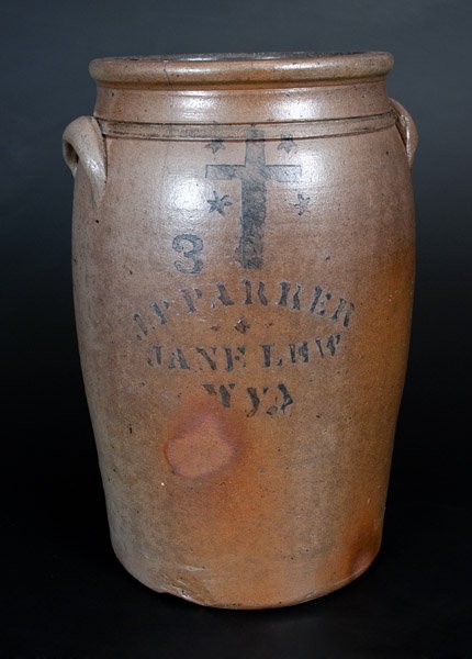 Scarce J P PARKER / JANE LEW / WVA Stoneware Jar w/: Scarce Three-Gallon Stoneware Jar with Stenciled Cobalt Cross Decoration, Stenciled "J P PARKER / JANE LEW / WVA," circa 1865, semi-ovoid jar with tooled shoulder, semi-rounded rim, and applied lug ha