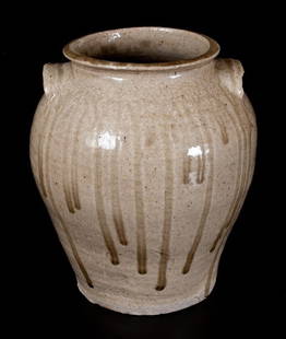 Fine  Pottersville, Edgefield District, SC Stoneware: Fine Two-Gallon Alkaline-Glazed Stoneware Jar with Heavy Glaze Runs, Stamped with Inverted "V" Twice at Base, Pottersville, Edgefield District, SC origin, circa 1820, highly-ovoid jar with thin rim an