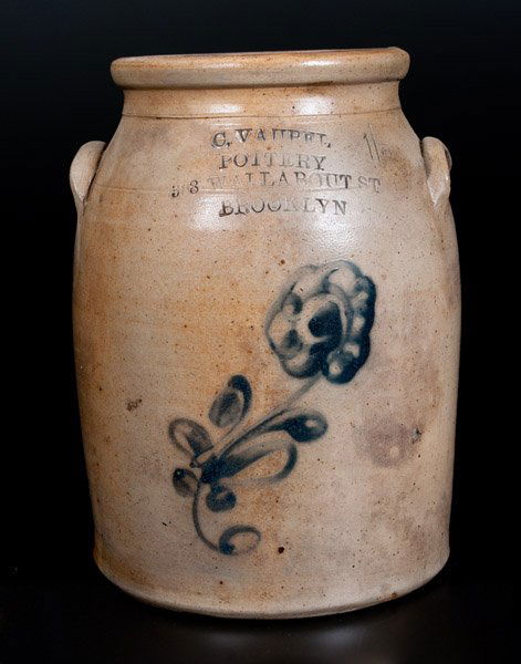 Rare C. VAUPEL / POTTERY / BROOKLYN Stoneware Jar w/: Scarce One-and-a-Half-Gallon Stoneware Jar with Cobalt Floral Decoration, Stamped "C, VAUPEL / POTTERY. / 388 WALLABOUT ST / BROOKLYN", New York City origin, circa 1880, semi-ovoid jar with tooled sho