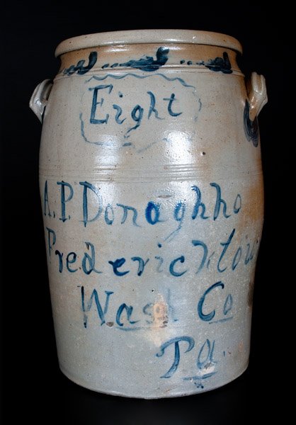 Exceptional "A. P. Donaghho / Fredericktown / Wash. Co.: Outstanding and Rare Eight-Gallon Cobalt-Decorated Stoneware Jar with Freehand Inscription "A.P. Donaghho / Fredericktown / Wash Co / Pa.", circa 1865, cylindrical jar with ribbed lug handles, tapered