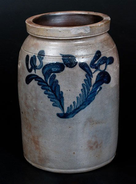 One-Gallon Southeastern PA Stoneware Jar, circa 1875: One-Gallon Stoneware Jar with Cobalt Floral Decoration, Southeastern PA origin, circa 1875, cylindrical jar with tooled shoulder and squared rim, decorated on the front and reverse with two conjoined