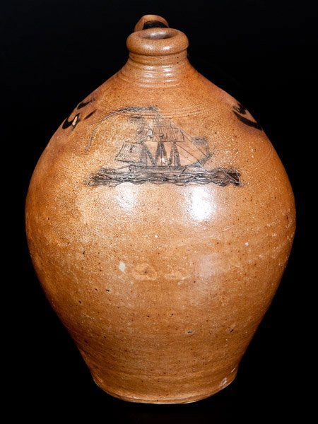 Exceedingly Rare Stoneware Jug w/ Incised Ship, attrib. (1 of 6)