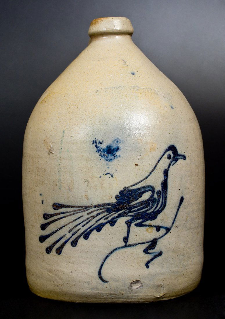 2 Gal. WHITES UTICA Stoneware Jug with Bird Decoration (1 of 1)