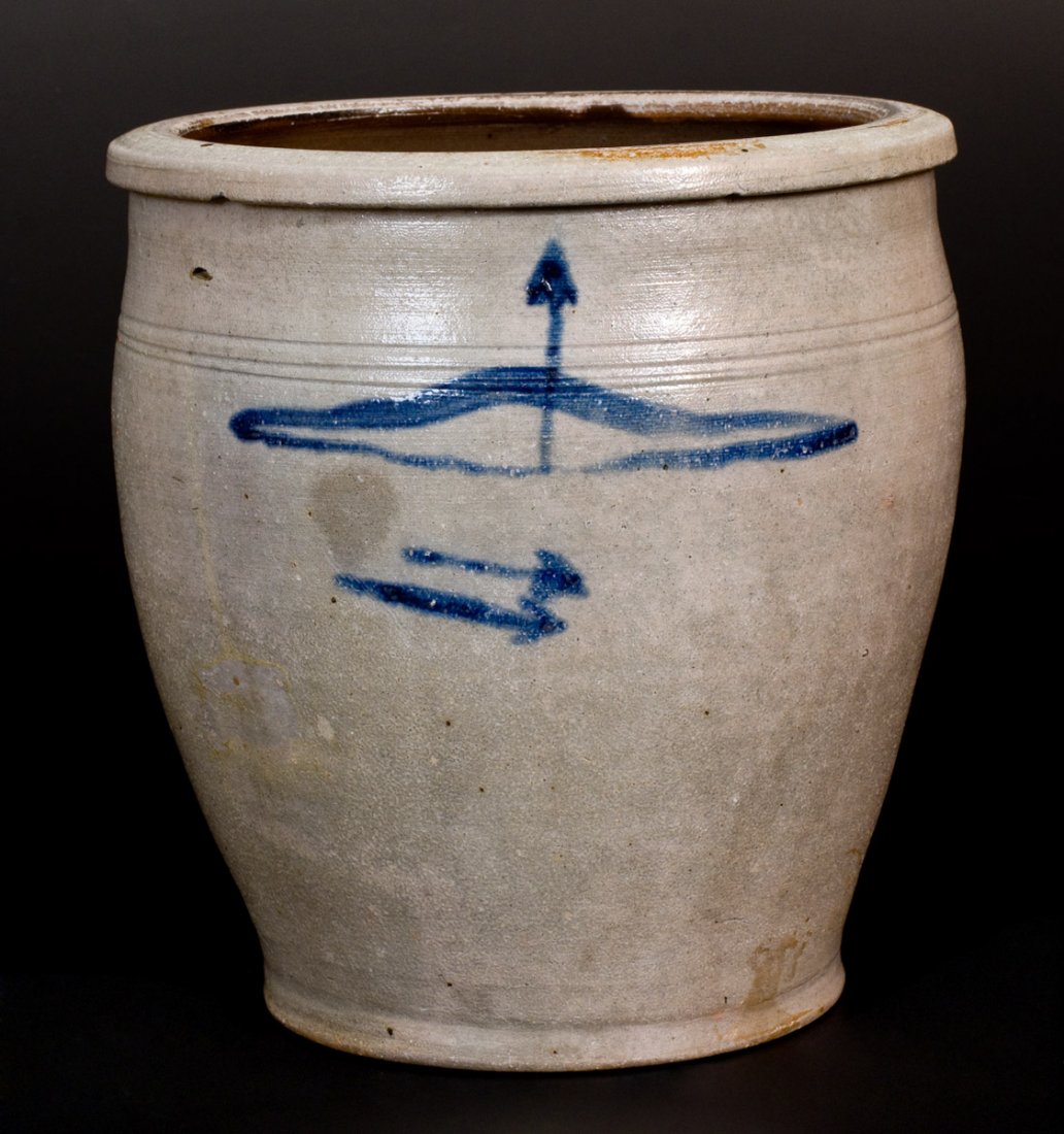 Very Rare Morgantown, WV Stoneware Jar w/ Bow and Arrow: Possibly Unique Two-Gallon Stoneware Jar with Cobalt Bow and Arrow Decoration, attributed to the Thompson Pottery, Morgantown, WV, circa 1860-1865, ovoid jar with tooled shoulder and semi-rounded rim,