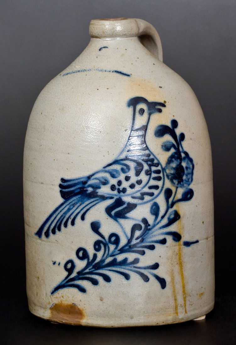W. ROBERTS BINGHAMTON Two-Gallon Stoneware Bird Jug: Two-Gallon Stoneware Jug with Cobalt Bird Decoration, Stamped "W. ROBERTS BINGHAMTON," New York State origin, circa 1870, cylindrical jug with semi-rounded spout, decorated with a slip-trailed design