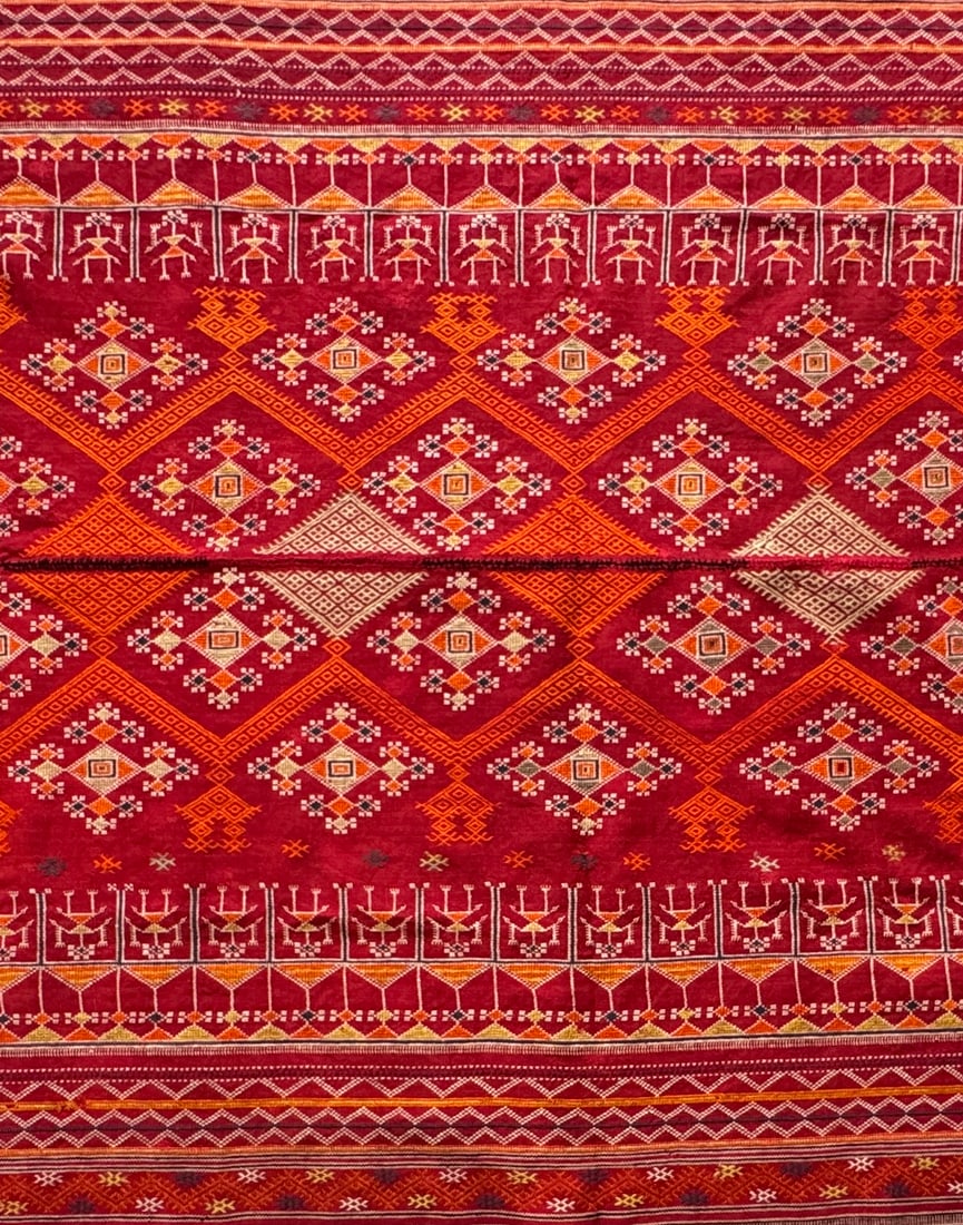 Vintage Shekhawati Bishnoi Rajasthani Wedding Shawl Odhana: Superb old Rajasthani Shawl Odhana Hand woven & hand embroidered Traditional geometric motifs that are signatures of identity of the community Age unknown but estimated to be 50-60 years
