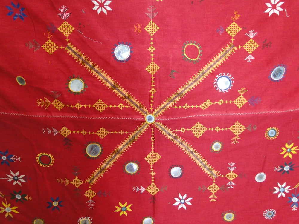 Old Rajasthan Odhana with Embroidery and Mirrorwork: Cotton Embroidery and mirrorwork on handwoven Cotton Odhana Shawl from Rajasthan probably Barmer region Exquisite motifs Age unknown but estimated to be 50-60 years old