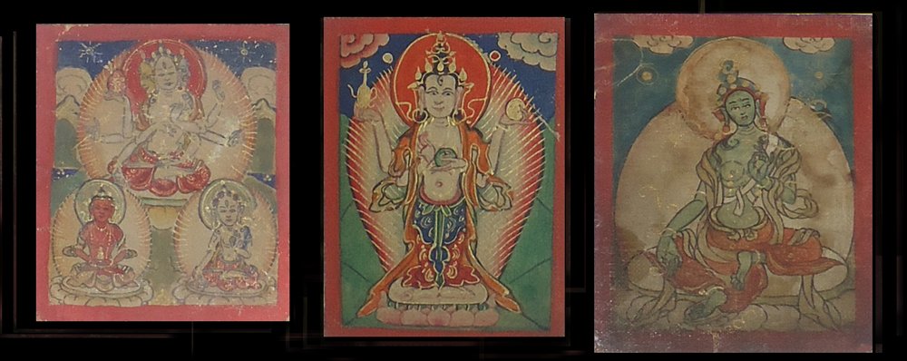 MINIATURE THANGKA BURHANY ZURAG 18th century:  Set of 3 Burhany Zurag miniature Buddhist paintings of deities. Burhany Zurags are small personalised portable version of Th