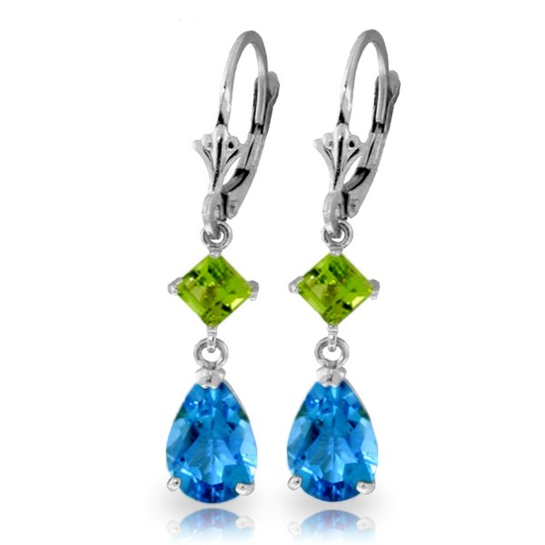 Peridot and Blue Topaz Long Drop Earrings in 14k White: Dazzle the room when you wear these 14k white gold leverback earrings with peridot and blue topaz. These two brightly colored stones look beautiful when paired together to form a look that is bright a