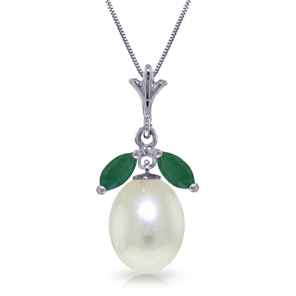 14K WHITE GOLD PEARL & 0.50ct EMERALDS NECKLACE