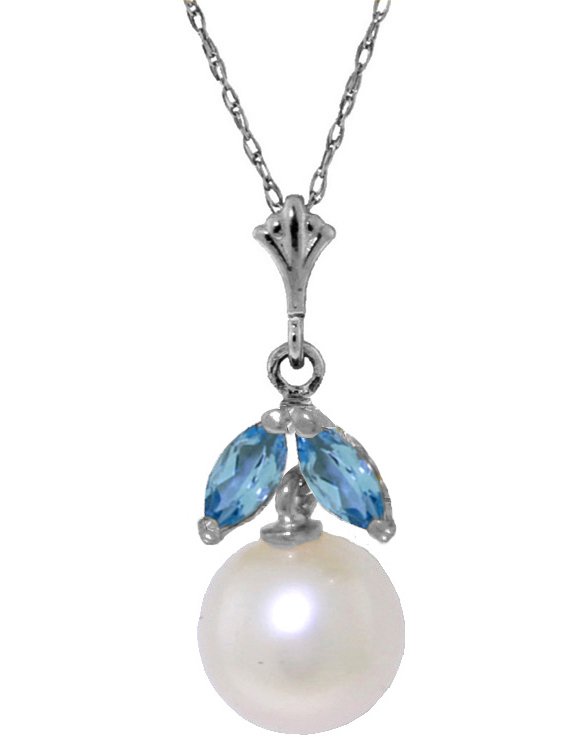 .20ct Blue Topaz and 2.00ct Pearl Necklace in 14k WG: Clean and formal, the cool combination of blue and white always has a slightly nautical, slightly classical feel. Whether you are dining at the yacht club or setting sail for a sunset cruise, you will