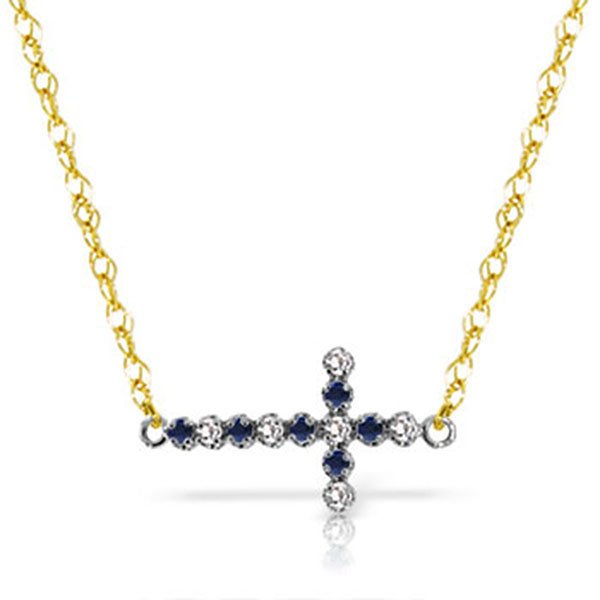 0.24ct 14k Solid Gold Cross Necklace Diamond Sapphire: 14K. GOLD CROSS NECKLACE WITH DIAMONDS & SAPPHIRES Comes with 18" long, 1.15 mm thickness double link Rope Chain. Item Information Metal: 14K. Solid Gold Item Weight: 1.60 gr. Diamonds 6 Round cut, K-