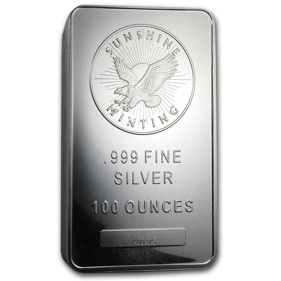 100 oz Silver Bar - Sunshine (V2): 100 oz Silver Bar - Sunshine (V2) **|**|** 100 oz Silver Bar - Sunshine (V2) #21782v3 ***REPLACEMENT VALUE: $3380 ***