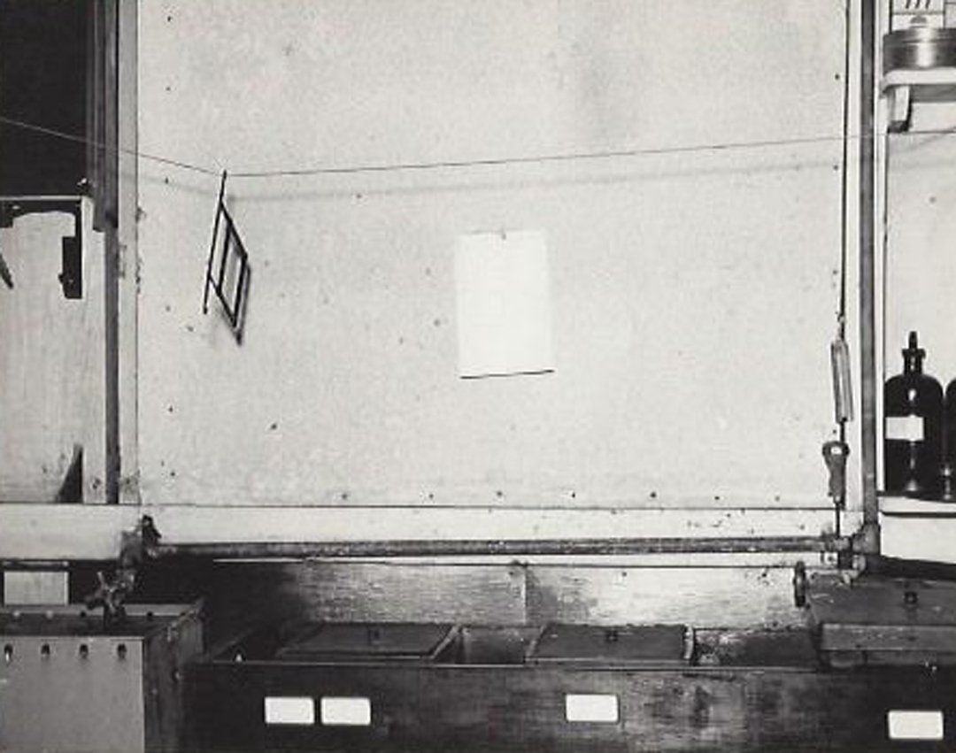 Attrib. to Lou Stoumen, Darkroom, ca. 1940.: Attributed to Lou Stoumen (1917-1991), A black and white snapshot of a darkroom. Photographer: Attrib. Lou Stoumen. Medium: Silver print. Measurements: 3 5/8 x 4 1/2