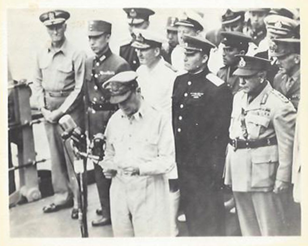Snapshots of Japanese Surrender, 1945.: A lot of twelve snapshots taken aboard the USS Missouri on September 2, 1945. Shows the surrender ceremony with Japanese officials, General Douglas MacArthur, and Allied dignitaries. Medium: Silver pr