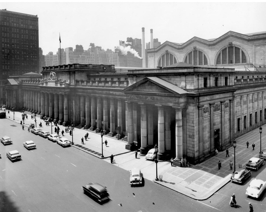 A. F. Sozio, Pennsylvania Station, NYC, ca. 1955.: A. F. SOZIO, Pennsylvania Railroad Station, as seen from the corner of Seventh Avenue and Thirty-third Street. Designed by McKim, Mead, and White. Demolished in 1963. With typed, period description. P