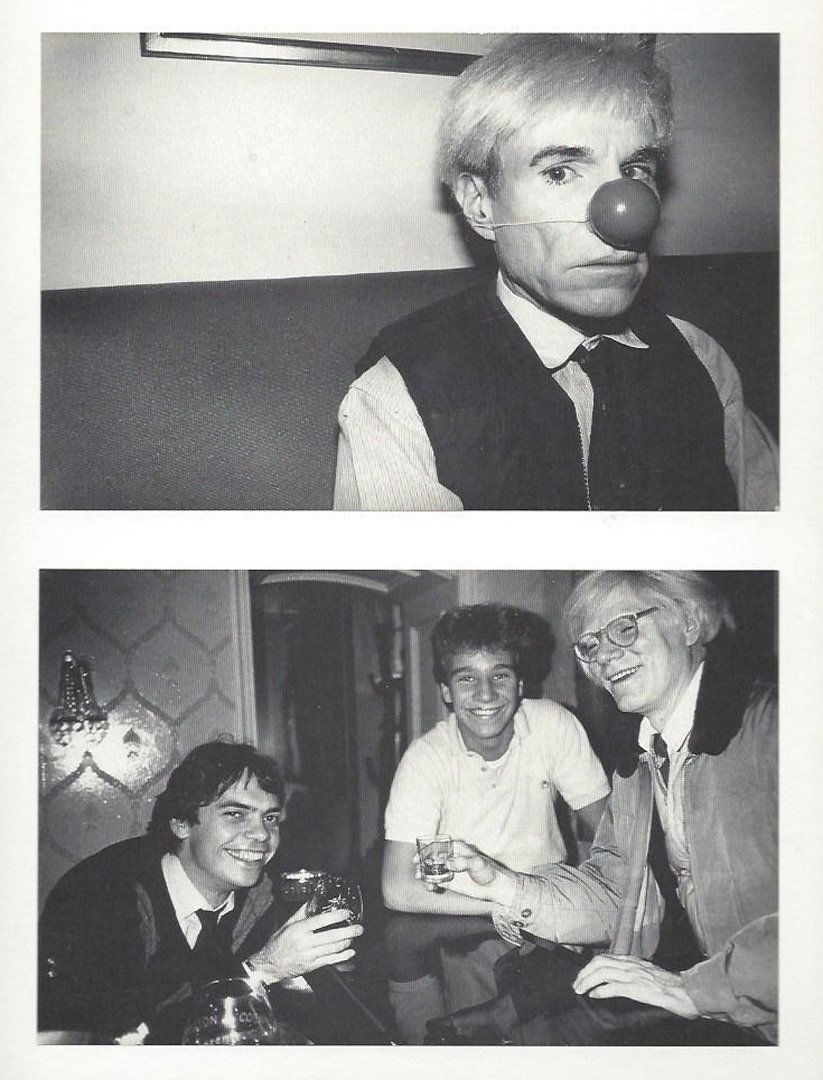 Andy Warhol at the Hotel Bauer Lac, Zurich, Switzerland: CHRISTOPHER MAKOS. Two (2) photos of Andy Warhol, posted on board. One with Warhol wearing a clown nose and the other with Warhol toasting drinks with two male friends at the Hotel Bauer Lac in Zurich