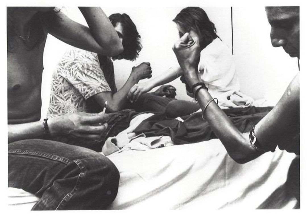 Jim Goldberg, Slamming Alcohol, 1989: JIM GOLDBERG (b. 1953). Slamming Alcohol, 1989. Photographic print. Gallery press print. Unsigned. Exhibition label: Los Angeles County Museum of Art. Raised by Wolves: Photographs and Documents of Ru