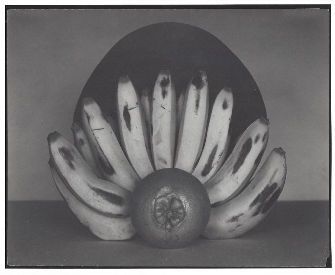 Weston, Still Life with Bananas and Orange, 1927: EDWARD WESTON (1886 - 1958). Still Life with Bananas and Orange, 1927. Photographic print. Press print. Unsigned. Exhibition label: J. Paul Getty Museum. Photographer: Edward Weston Medium: Photograph