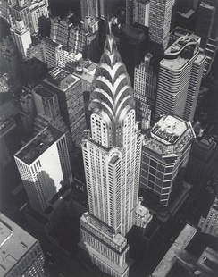 Marilyn Bridges, Chrysler Building, 1988: Black and white gelatin photographic print by Marilyn Bridges. Gallery press print. Unsigned. Exhibition label: Apex Fine Art. Sacred and Secular Exhibition. Photographer: Marilyn Bridges. Medium: Pho