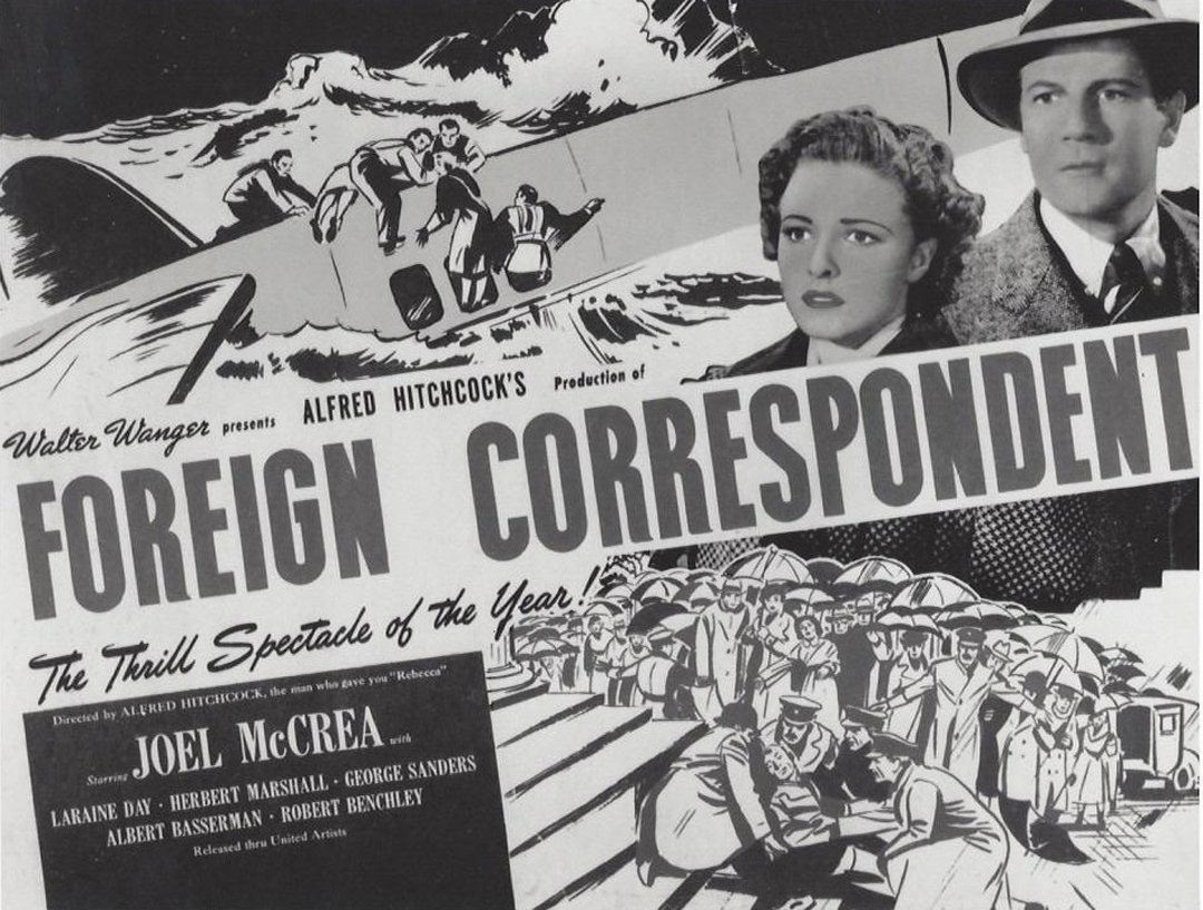 Poster Print of "Foreign Correspondent": Black and white photograph of Alfred Hitchcock's "Foreign Correspondent" (1940) starring Joel McCrea, Laraine Day and Herbert Marshall. From the Los Angeles county Museum of Art film series "America A
