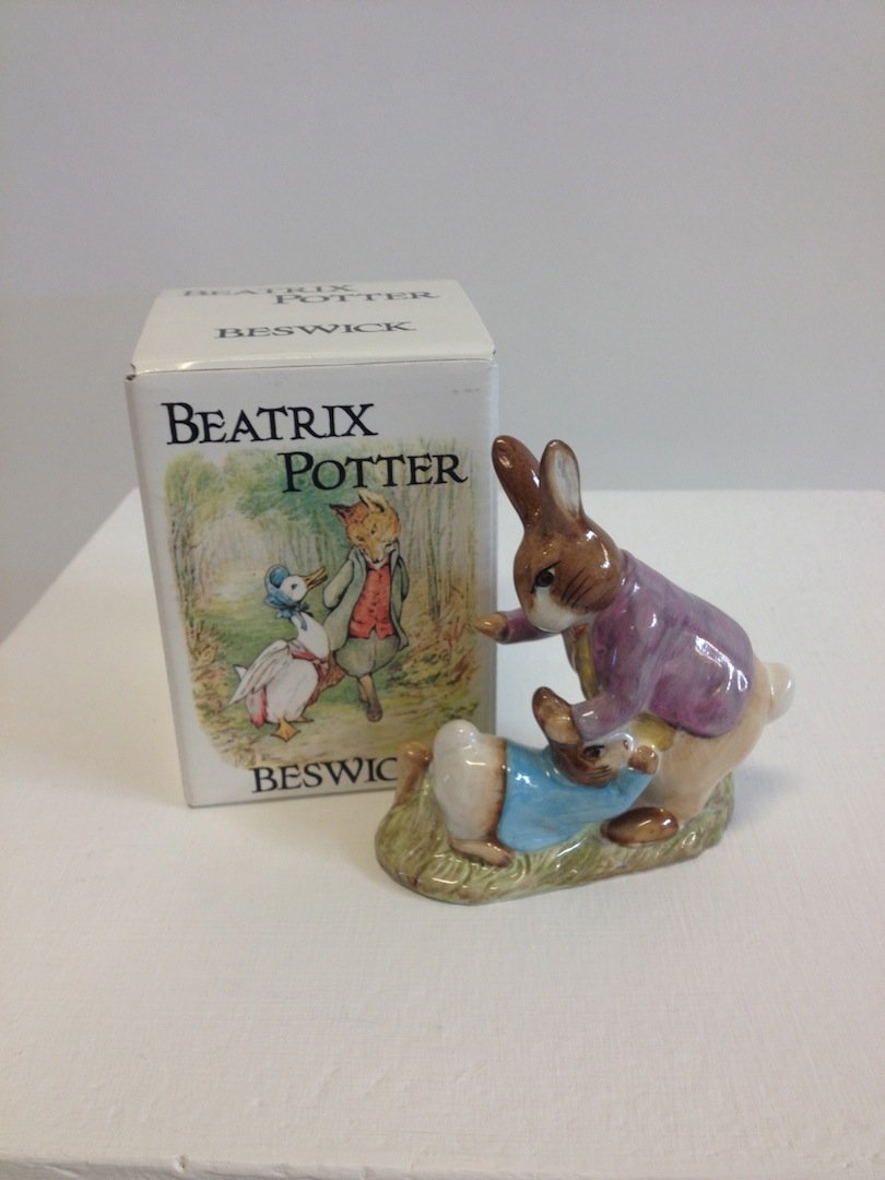 Beatrix Potter Figurine, Beswick England: Mr. Benjamin Bunny & Peter Rabbit. BP3b. Issued 1974-1985. Dimensions: 4" x 4"