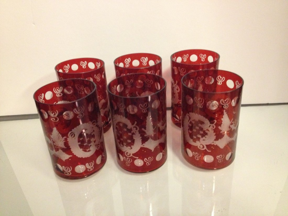 Vintage Bohemian Ruby red glass etched glasses