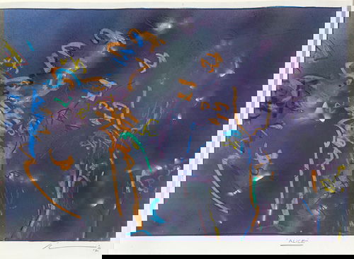 Robert Wilson (British, b. 1963) Alice: Flower Dro: Robert Wilson (British, b. 1963) Alice: Flower Drop, 1992; Oil pastel, enamel spray paint and graphite on paper (framed); Signed, dated and titled; 28 5/8" x 40" (sheet); Provenance: Laura Carpenter F