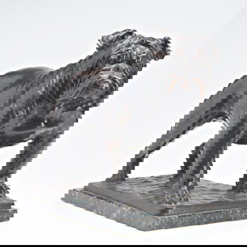 FRITZ DILLER (German, 1875-1945) Untitled bronze: FRITZ DILLER (German, 1875-1945) Untitled bronze sculpture of a bulldog with marble base. 11 1/2" x 13 1/2" x 7 3/4" with base.