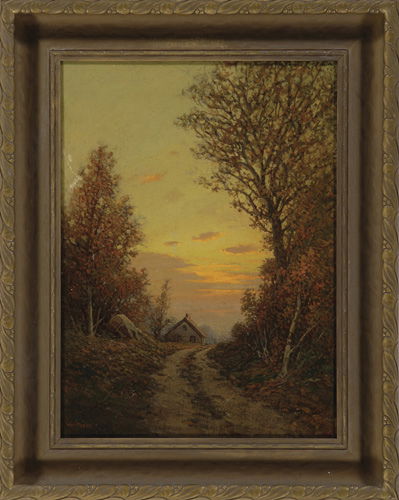 AMERICAN Three oil paintings: William Frederick P: AMERICAN Three oil paintings: William Frederick Paskell (1866-1951), "House at Sunset," small amount of repaint in center, signed "Wm. Paskell" at lower left, 19" x 14"; L. Griffith (20th C.), "Countr