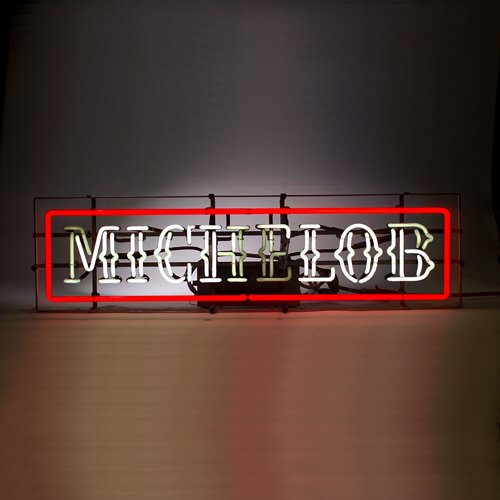 Neon sign: MICHELOB, vintage beer sign, with block: Neon sign: MICHELOB, vintage beer sign, with block letters and red border, in working condition. 10" x 35 1/2 "; including MICHELOB bow tie logo sign, come with transformer, not attached, cracks to tu