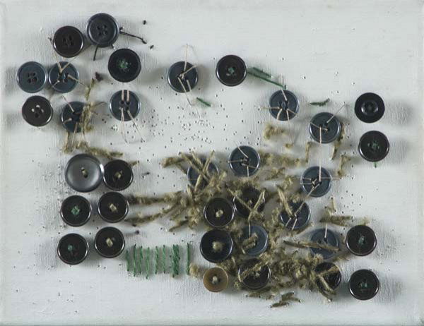 Georg Herold (German, b. 1947) 2154, 1987; Button: Georg Herold (German, b. 1947) 2154, 1987; Buttons and string on linen; 7 1/4" x 9 1/2"; Provenance: Luhring Augustine, New York (label on verso); Private Collection