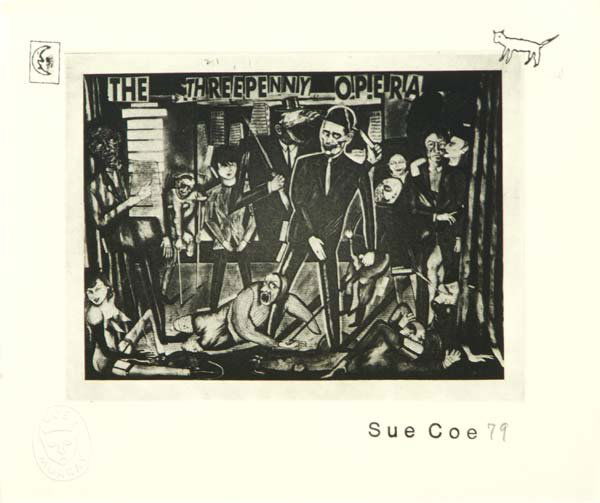 Sue Coe (British, b. 1951) Five works of art: Sue Coe (British, b. 1951) Five works of art: The Threepenny Opera, 1979; Photo-etching with ink stamps; Dated; 8 3/8" x 10" (sheet); The Tenant, 1985; Photo-etching with ink stamps; Signed, dated and
