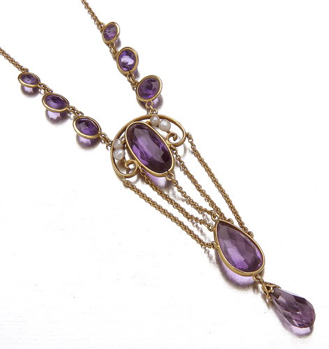 Art Nouveau amethyst and pearl necklace in 14K yello