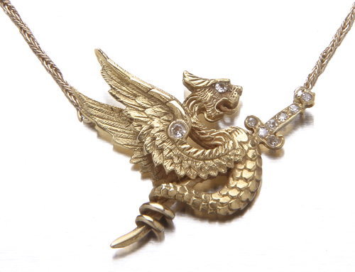 14K yellow gold and diamond lavalier,winged snake