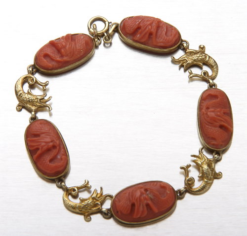 Arts & Crafts griffon and dolphin link bracelet, 14K