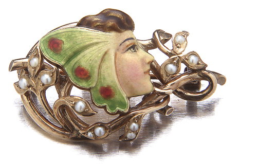 Art Nouveau butterfly woman pin by Henry Blank, New