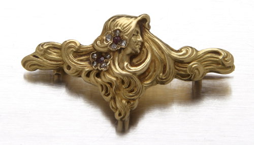 Art Nouveau 18K pin by Antoine Bricteux with rubies
