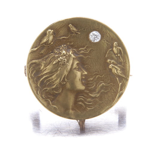 Art Nouveau brooch by Krementz, 14K gold with diamo